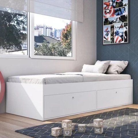Quarto Juvenil Com Cama 80 E Mesa De Cabeceira Tokio Art in Móveis Branco