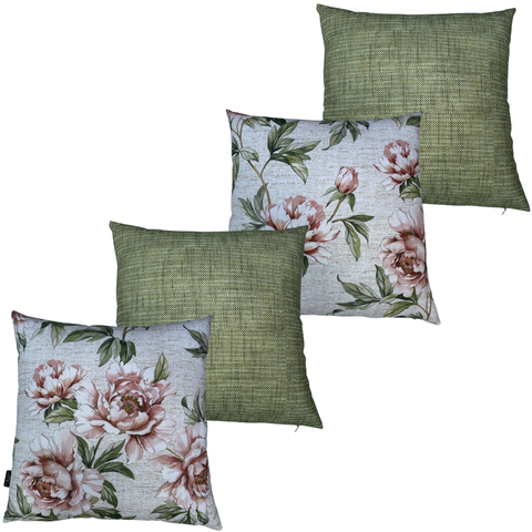 Kit 4 Capas de Almofada Impermeável Estampa Digital 100% Algodão Flor Rosa Verde Riscado 43CMX43CM