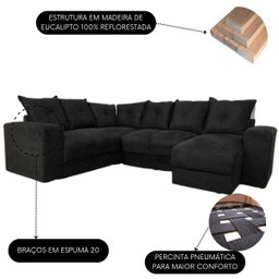 Sofá de Canto Varias Cores Confortavel Almofadas Soltas Cor:Preto - 2