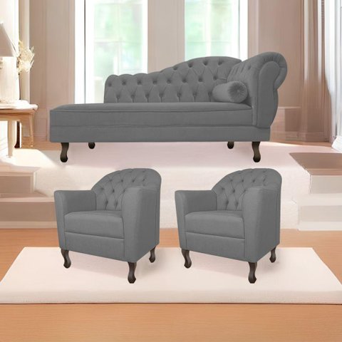 Kit Diva Recamier Diana 160cm Lado Esquerdo e 02 Poltronas Julia Suede - Doce Sonho Móveis Cinza