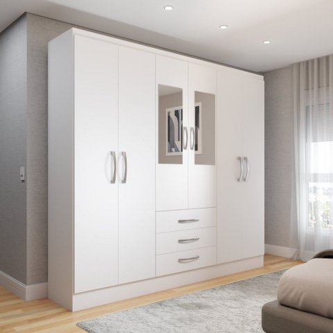 Guarda-roupa Solteiro Vigo 6 Portas 3 Gavetas com Espelho Branco - Panorama Móveis
