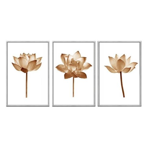 Kit 03 Quadros Decorativos - Flor de Lotus Bronze Minimalista Flnt002 - Tela Canvas - 60x80cm