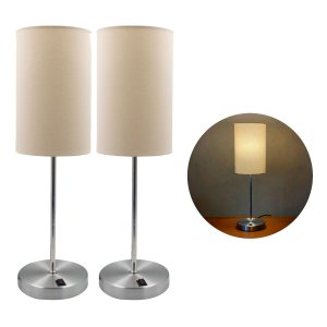 Kit 2 Abajur de Mesa Redondo Escovado com Interruptor com Cúpula Bege - Sala, Quarto, Cama Cabeceira