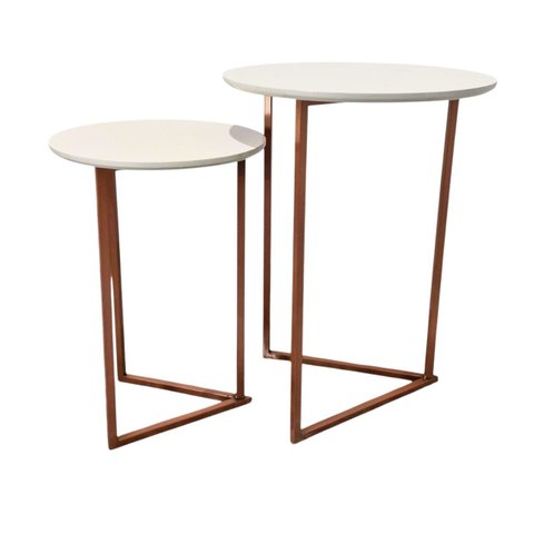 Kit 2 Mesas Laterais Centro Canto Jade Tampo Mdf Pés Metal Rose Gold-off White