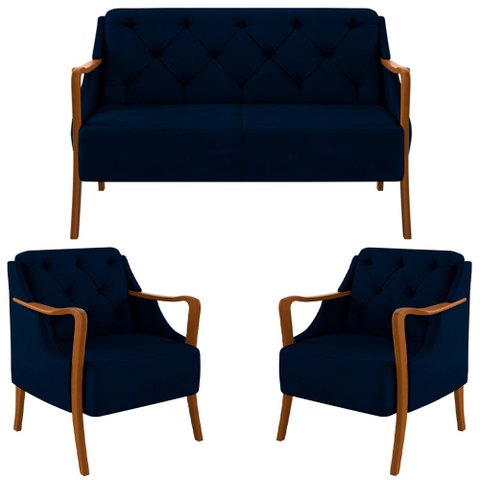 Kit Namoradeira 135cm e 2 Poltronas Decorativas Capitonê Lapa M22 Veludo Azul Marinho - Mpozenato