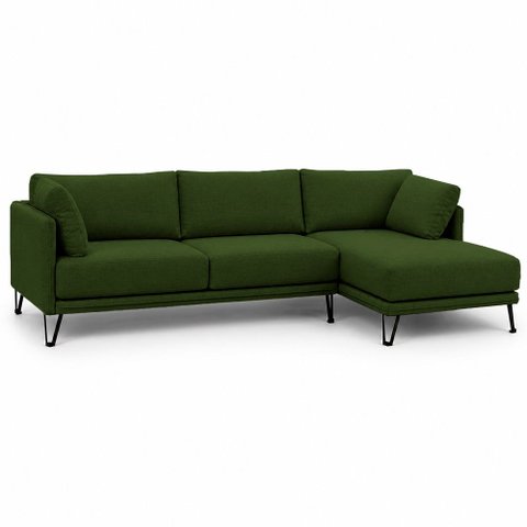 Sofá Sala de Estar Atena Chaise Direito Pés de Ferro 284cm 5 Lugares Linho Verde M1 - Monari Design