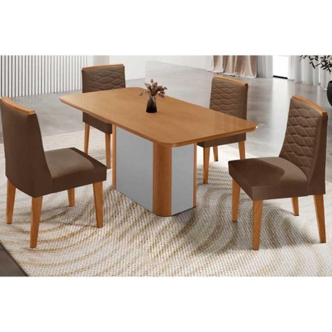Conjunto: Mesa Sala Jantar Pietá C/ Tampo Madeirado Canto Curvo 120x80cm e 4 Cadeiras Maldivas