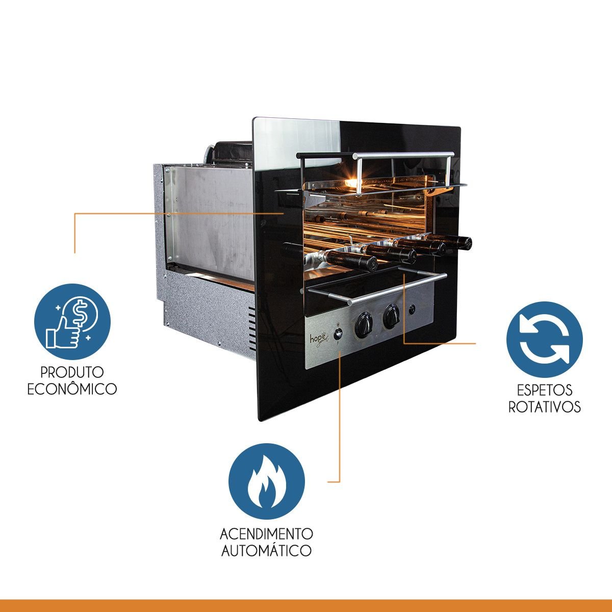 Churrasqueira Gourmet Rotativa a Gás Natural Embutir 48x52cm Aço Inox Glass Premium 04 Bivolt - Hope - 7