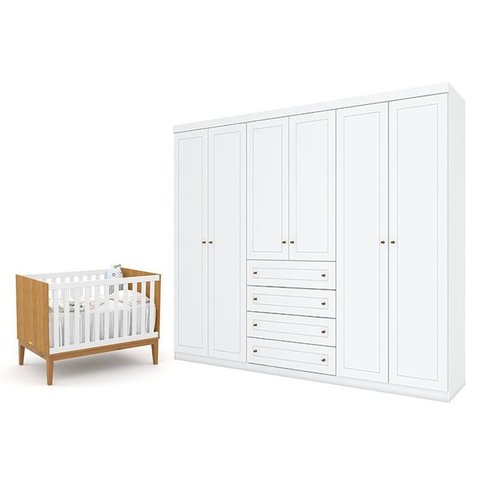 Berço Americano Unique Freijó Branco Soft  Eco Wood - Matic e Guarda Roupa Casal Americano 6 Portas 