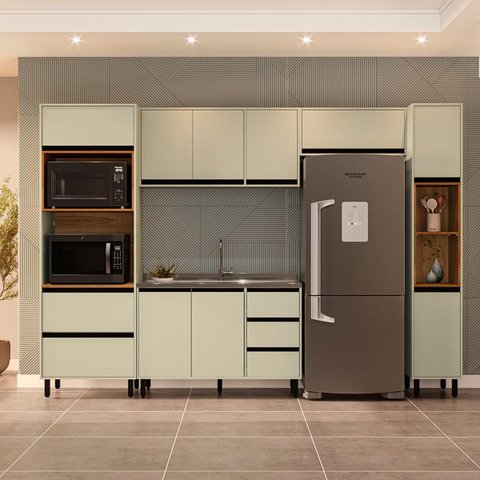 Cozinha Koya 5 Peças 306,8x214cm Armários Aéreos Torre Quente Paneleiro Balcão Verde 250031