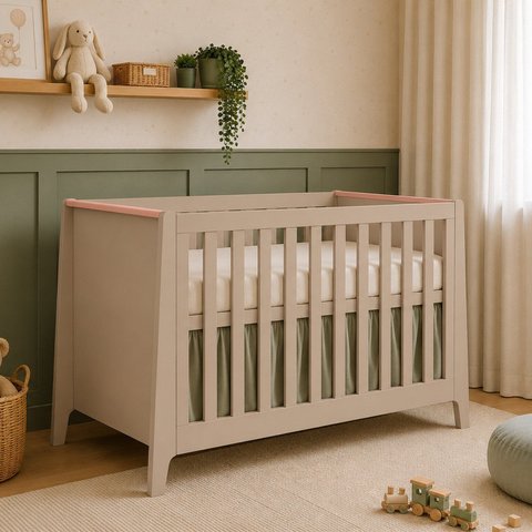 Berço 2 em 100% MDF Cabeceira Reta com Detalhe Theo Bege/Areia/Rose