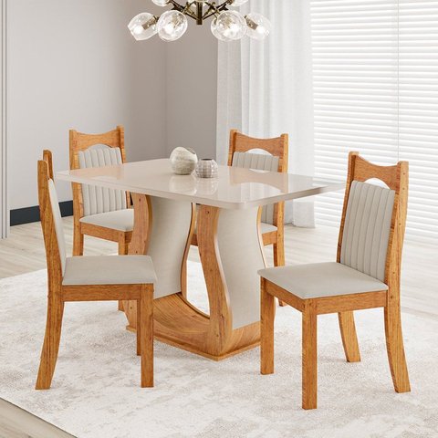 Conjunto Sala de Jantar 4 Lugares Genebra Tampo Vidro e MDF Mel