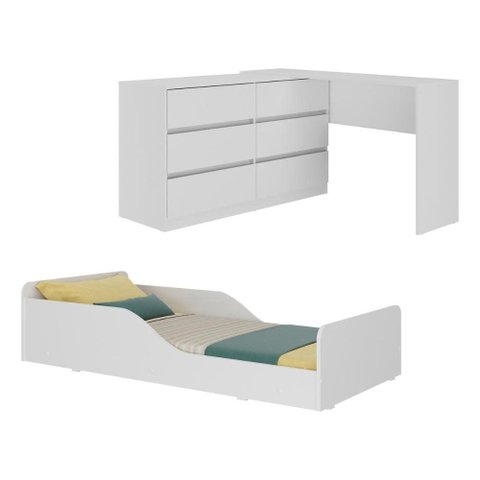 Kit Cama Infantil Montessoriana com Escrivaninha L 6 Gavetas Dino Multimóveis MP4819 Branco