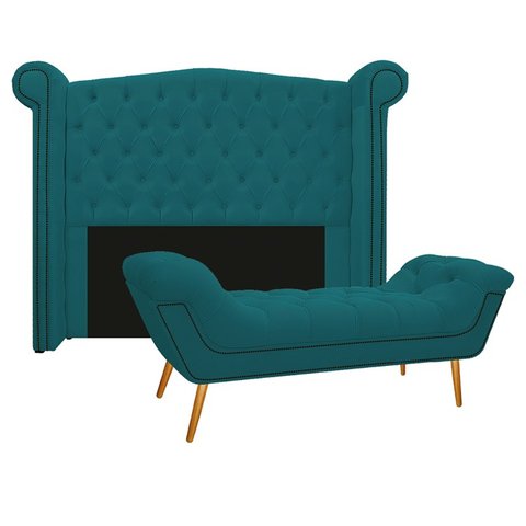 Kit Cabeceira 195 cm Suede + Calçadeira Madrid Azul Turquesa