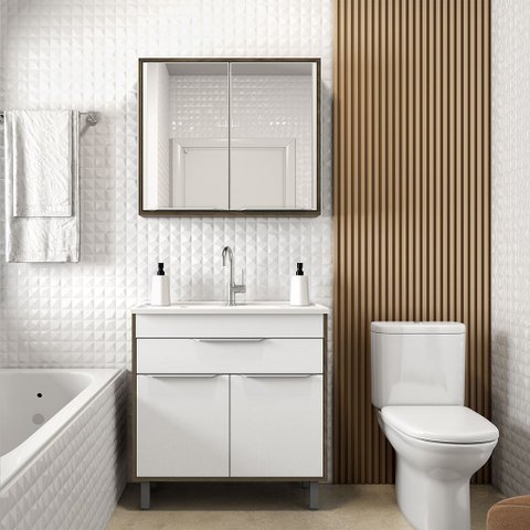 ​conjunto Banheiro Paris 80cm Armário Completo Gabinete Cuba Espelheira