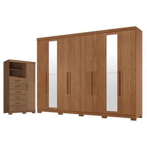 Guarda Roupa Casal Master New 8 Portas de Bater 4 Gavetas MDP com Espelho Cômoda Marabá 6 Gavetas
