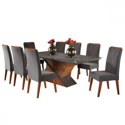 Mesa de Jantar 8 Lugares Easy com Vidro Mel/grafite - Viero Móveis