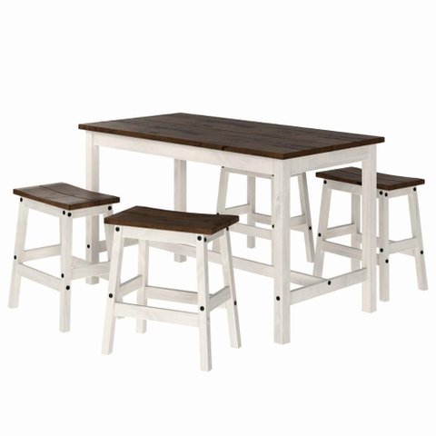 Conjunto de Mesa e 4 Banquetas em Madeira Maciça Branco Envelhecido