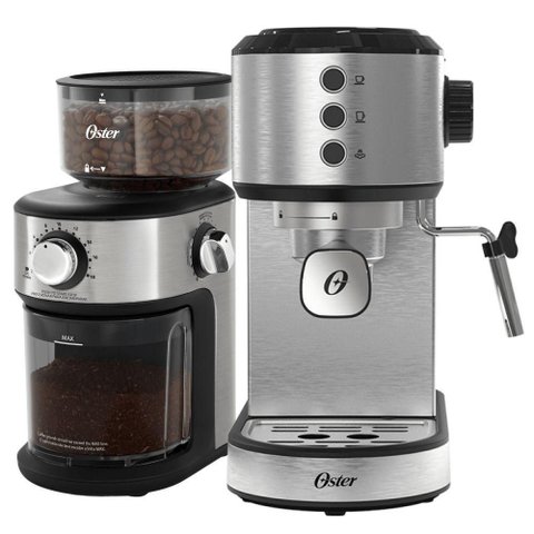 Kit Cafeteira Expresso Oster Perfect Moment e Moedor Precision 18 Níveis Aço Inox 18 Xícaras 220V