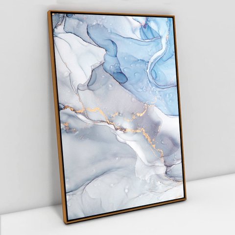 Quadro Decorativo em Canvas Abstrato Mármore Azul Celeste TaColado Moldura Flutuante 4,5cm Freijó 12