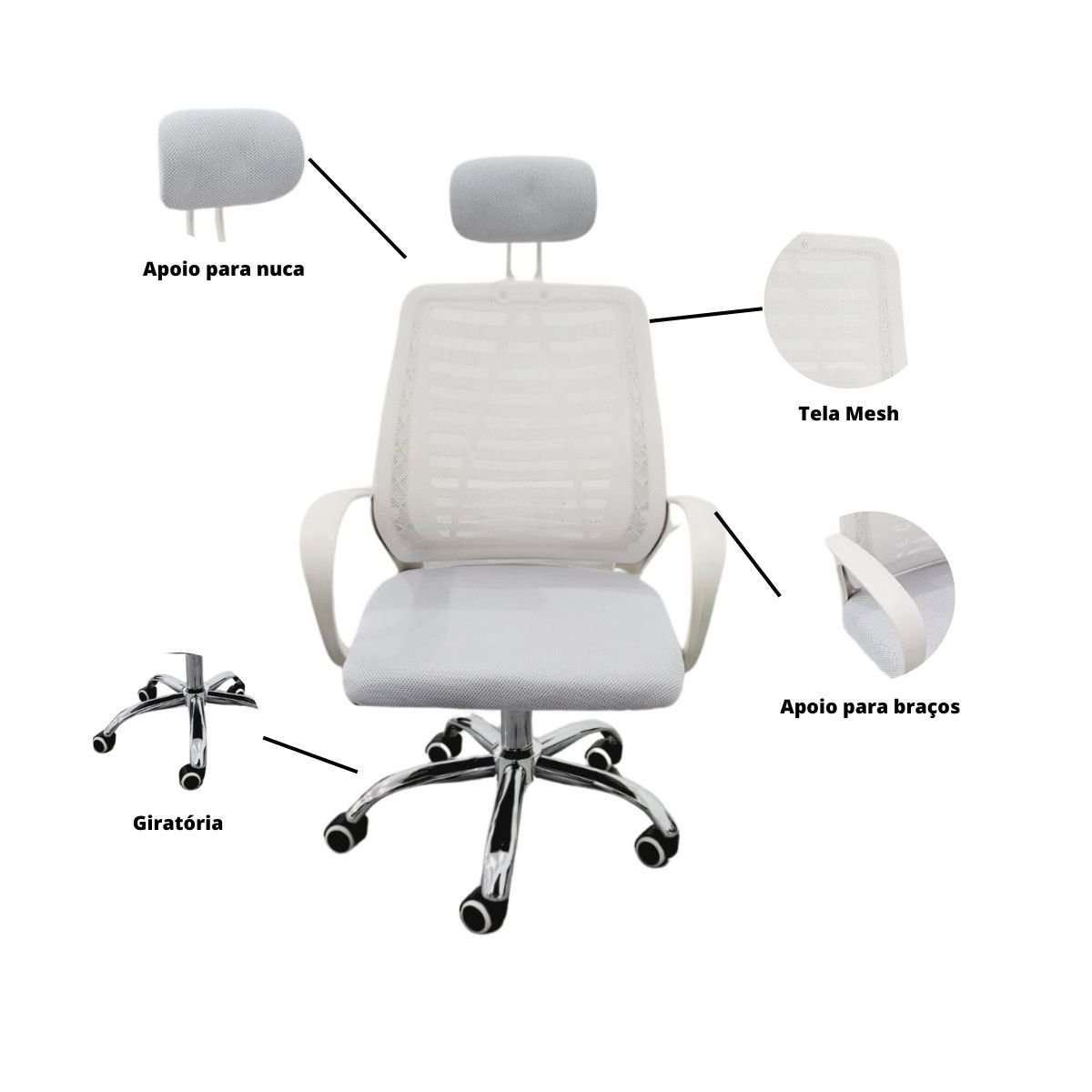 Kit 6 Cadeiras Escritório Diretor Mesh Encosto Cabeça Branco - 3