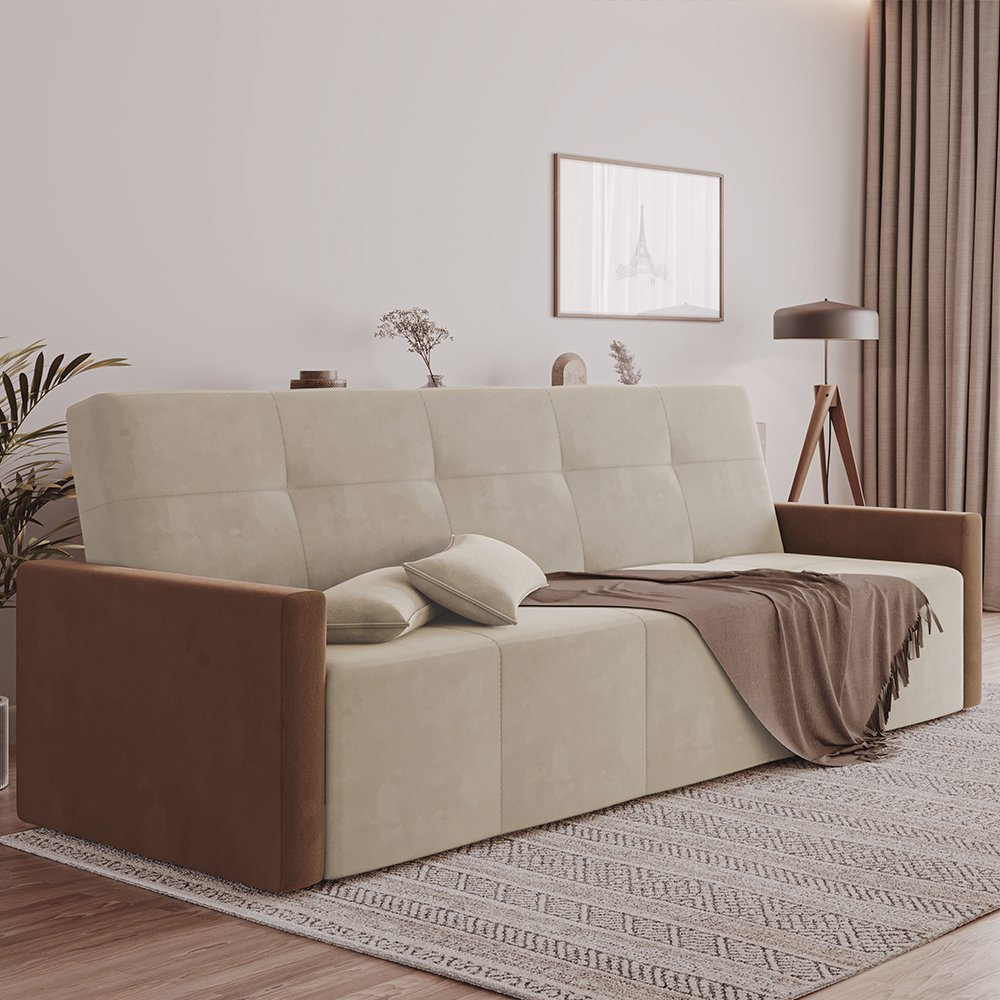 Sofa Cama 4 Lugares Retrátil e Reclinável Paris 2,10m Veludo Areia/marrom - Luxo Estofados