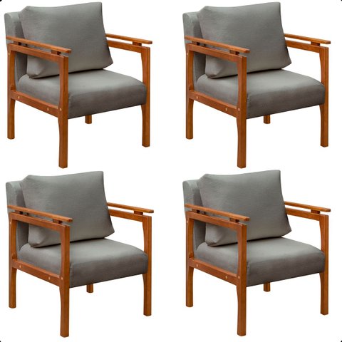 Kit 4 Poltrona Sala Decorativa Dallas Estofada Boucle Cinza Base Madeira Castanho - Arkell