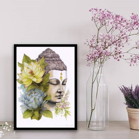 Quadro Aquarela Buda Com Flores 45x34cm:Madeira preta
