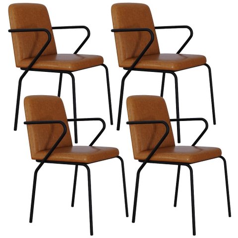 Kit 04 Cadeiras Estofada para Sala de Jantar com Braço Loft Preto C01 Courino Caramelo - Lyam Decor