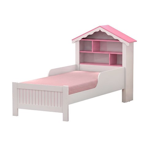 Cama Infantil Solteiro Princesa com Cabeceira Casinha Nichos e Proteção Lateral para Quarto Menina