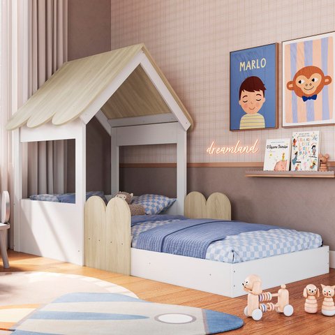 Cama Solteiro Infantil Montessoriana Casinha Nana Branco/carvalho C06 - Mpozenato