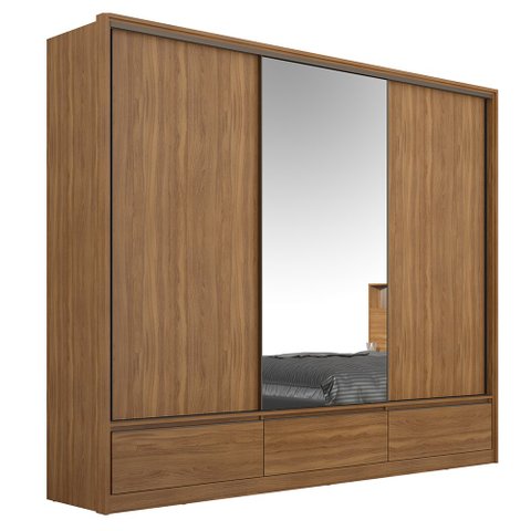 Guarda-Roupa Roupeiro de Casal Beatrice com 3 Portas de Correr com Espelho Amêndola