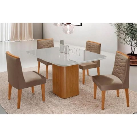Conjunto: Mesa de Cozinha Maldivas Tampo c/ Vidro Curvo 90cm+4 Cadeiras Maldivas Madeira Naturale/