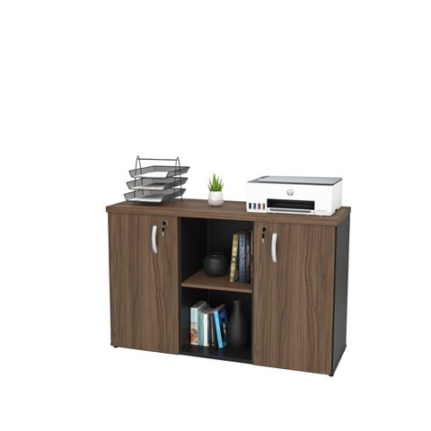 Armário Credenza Escritório Baixo Semiaberto Portas C/chave Netmobil - Nogal/preto