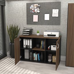 Armário Credenza Escritório Baixo Semiaberto Portas C/chave Netmobil - Nogal/preto - 4