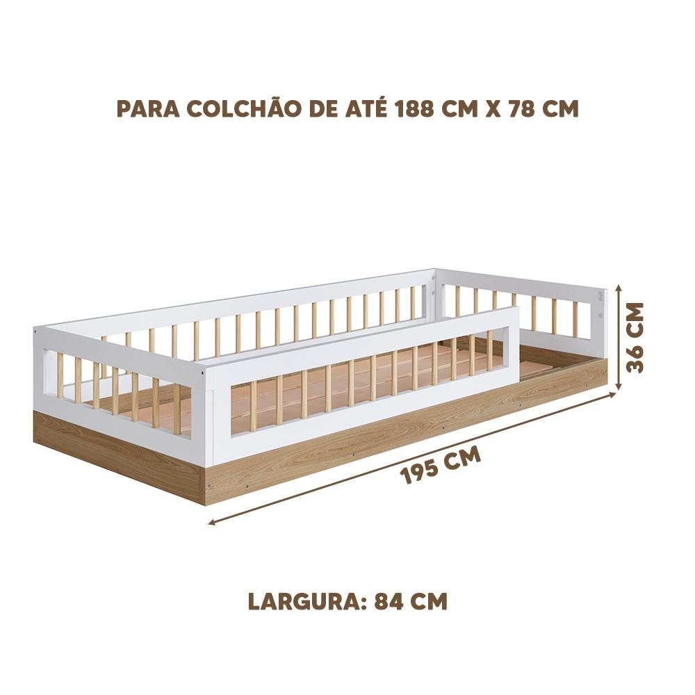 Cama Montessori Infantil Solteiro com Grade de Proteção 84 X 195 Cm com Colchão Aveiro Oak Branco - 4