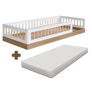 Cama Montessori Infantil Solteiro com Grade de Proteção 84 X 195 Cm com Colchão Aveiro Oak Branco