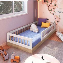 Cama Montessori Infantil Solteiro com Grade de Proteção 84 X 195 Cm com Colchão Aveiro Oak Branco - 2