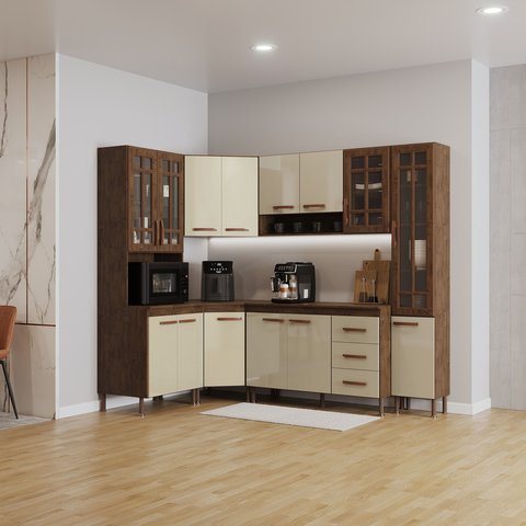 Cozinha Modulada Completa Fidelitá Lisboa 6 Peças 375cm 14 Portas 3 Gavetas com Tampo