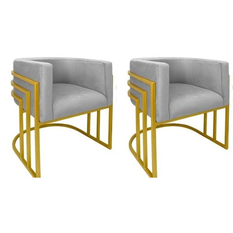 Kit 02 Cadeiras Poltrona Luxo Base de Metal Tripla Dourado Sala de Jantar Cozinha Recepção Veludo Pr