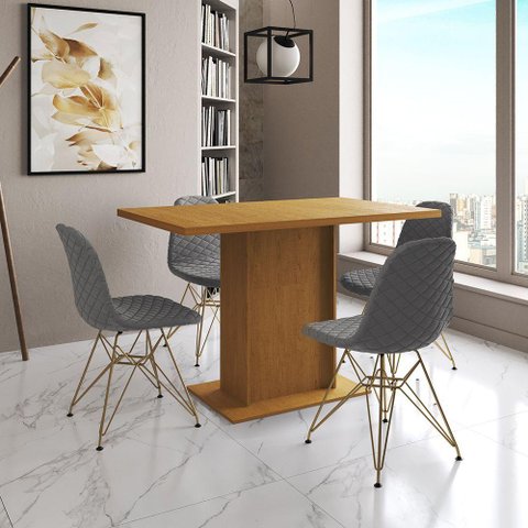 Mesa Jantar Londres Tampo Canela 120cm 4 Cadeiras Base Dourado Estofado Grafite