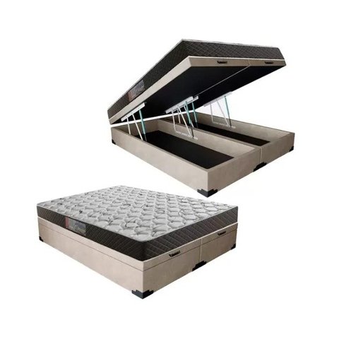 Cama Box Baú Queen Colchão Mola Ensacada Belos Sonhos + Box Sintético 71x158x198 Bege