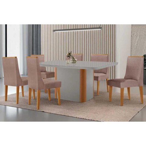 Conjunto: Mesa Sala Jantar Pietá Tampo c/ Vidro Curvo 180cm+6 Cadeiras Dakota Naturale/Off White -