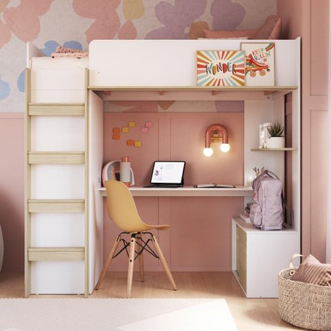 Cama Infantil Elevada com Escrivaninha e Armário Multifuncional Branco/Carvalho - Completa Móveis