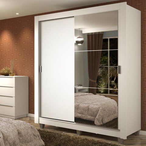 Guarda-roupa Solteiro Madesa Dallas Plus 2 Portas de Correr com Espelho 4 Gavetas com Pés - Branco