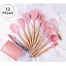 kit de utensílios de Cozinha Silicone cabo de Madeira 12 Pçs Cor:Rosa - 3