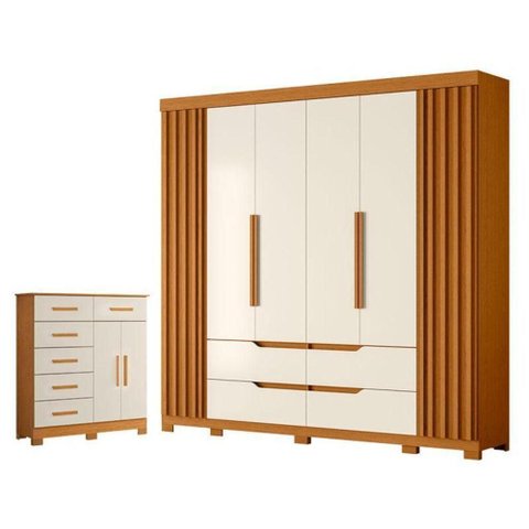 Kit Guarda Roupa Casal Doble 6 Portas e Cômoda Xangai 6 Gavetas MDP Cinamomo Off White