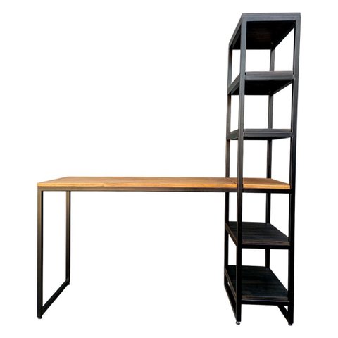 Conjunto Mesa e Estante Lateral Estilo Industrial Cores Preta e Imbuia