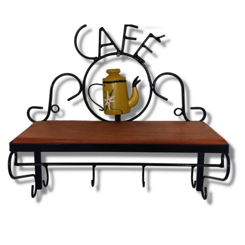 Prateleira de Café Porta Tempero 40cm Tema Bule Amarelo Sudeste Rústico