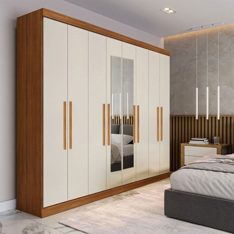 Guarda-roupa Casal Monte 8 Portas 4 Gavetas 100% Mdf com Espelho Cinamomo/off White - Pnr Móveis